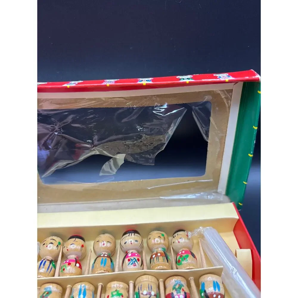 Vintage 1960s Hand Carved Kokeshi Birthday Candle Holders/Picks Set of 12 Japan
